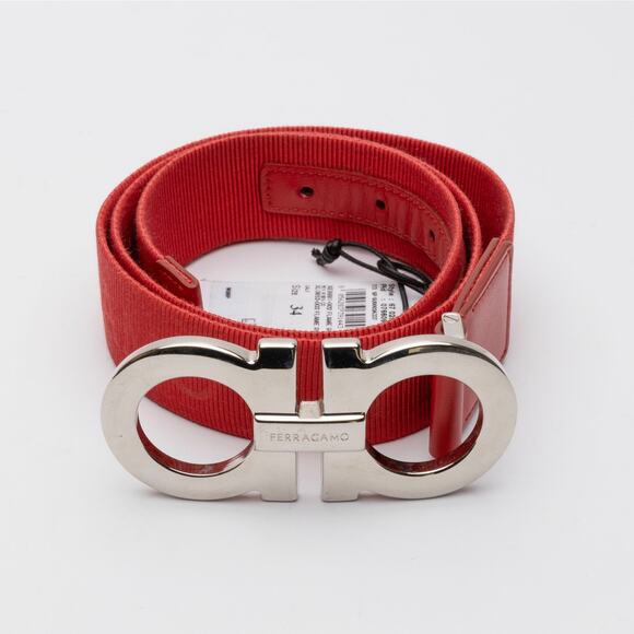 Ferragamo Men Double Gancini Webbed Fabric Belt Red/Silver - Picture 1 of 7
